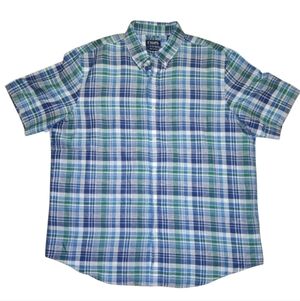 Chaps 2XL Blue and Green Plaid Linen Cotton Blend Button Down Shirt XXL